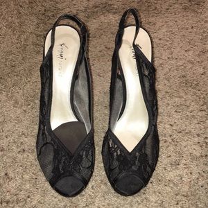 Size 10 Fiona Night black lace peep toe heels
